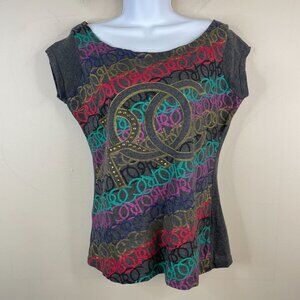 Vintage Y2K Rocawear Studded Rave Rock Concert Top Womens L Logo Raw Neckline